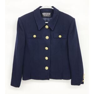 Vtg Herbert Grossman Blue Cropped Jacket Blazer Lion Head Buttons Pockets Sz 14